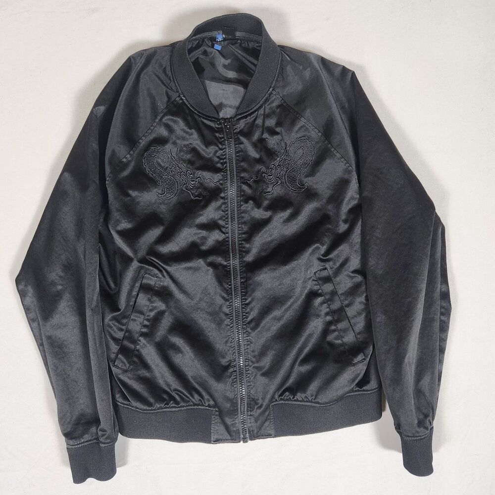 H&M Divided Black Satin Bomber Jacket Japan Dragon Embroidered Sz XL